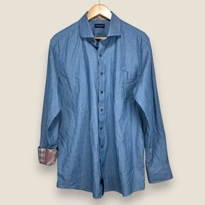 Proper Cloth Flip Cuff Pearl Snap Shirt Men Large Blue Aztec Cotton Chambray